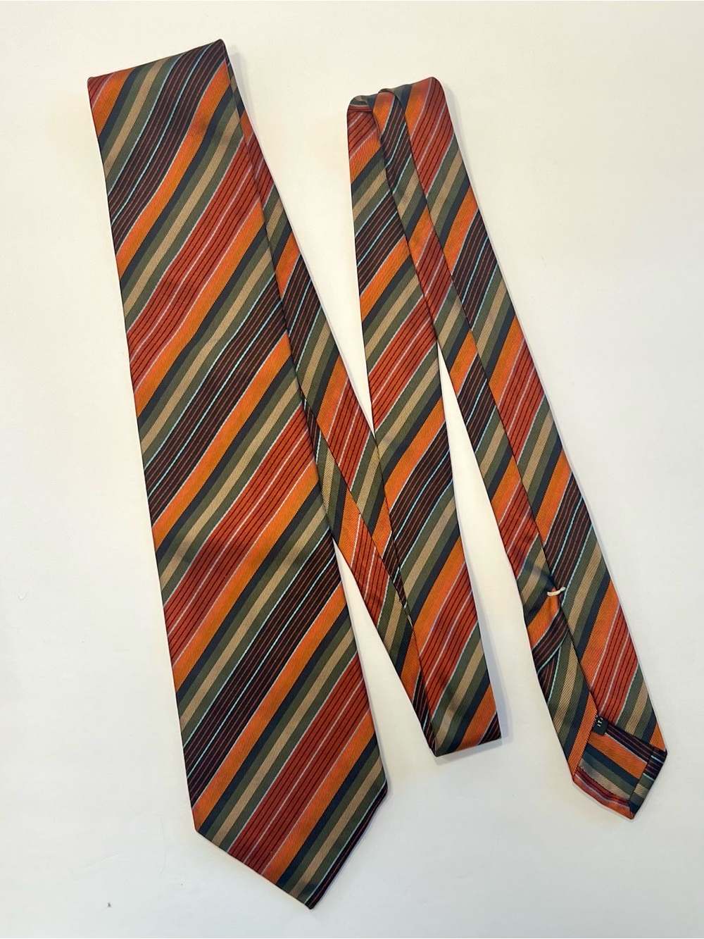 ISAIA Gianluca Napoli 7 Fold Orange, Green & Brown Striped Silk Tie